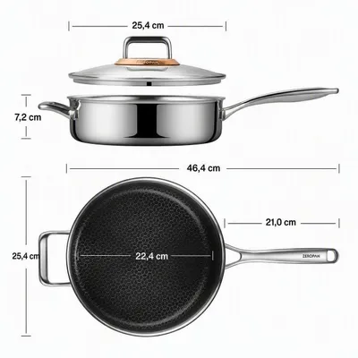 Produktbild von ZEROPAN 25cm Edelstahl Bratpfanne Schmorpfanne mit Deckel Antihaft Wabenstruktur