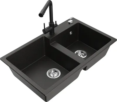 Produktbild von Mexen Tomas 2-Becken-Granitspüle mit Mischbatterie Duero, Schwarz/Gold metallisch - 6516-75-671600-70