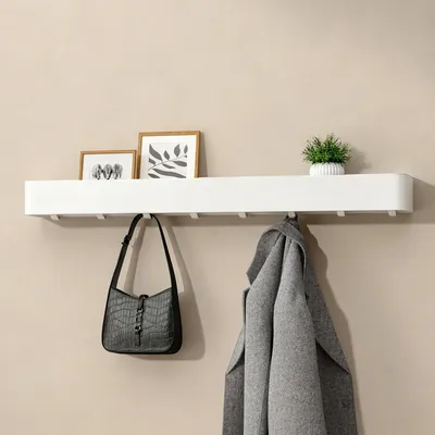 Produktbild von doporro Wandgarderobe mit Ablage, Garderobenleiste 80 cm mit 8 Garderobenhaken, Kleiderhaken Wand ohne Bohren Weiß Reglo-05