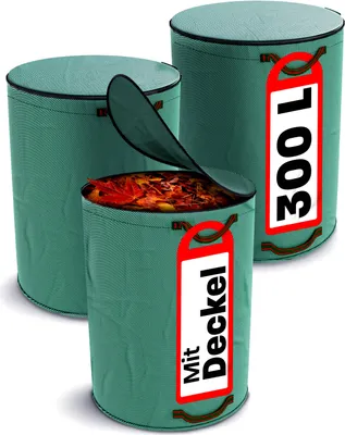 Immagine prodotto di Praknu 3x sacco per rifiuti da giardino stabile da 300 litri con coperchio - Sacco per foglie con 4 manici resistenti allo strappo - Stabile e pieghevole - Raccolta foglie - Sacco da giardino - Sacchi per foglie