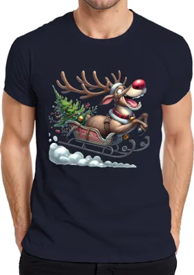 Produktbild von Rudolph Rentier Schlitten Weihnachtsbaum Glöckchen Cartoon Lustig Herren T-Shirt, Navy, M