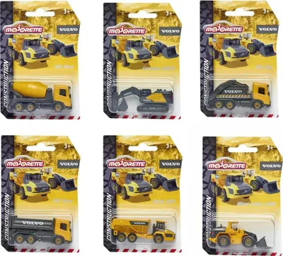 A collage of six blister packs, each containing a different Majorette Volvo construction toy vehicle.