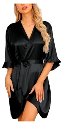 Produktbild von Damen Satin Bademantel Kimono Robe Kurz mit Gürtel und V-Ausschnitt