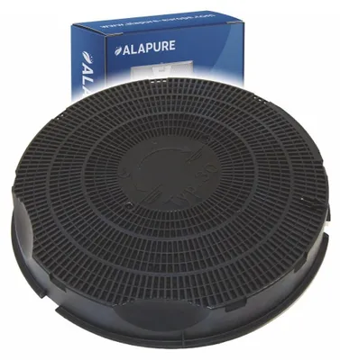 A black circular activated carbon filter is shown in the foreground, with a blue and white product box in the background.