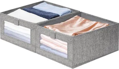 Zdjęcie produktu dla Zestaw 2 składanych pojemników do przechowywania z przezroczystym okienkiem, kolor szary, wymiary 40 x 27 x 17 cm – wykonane z materiału filcowego z wytrzymałymi wkładami PP i przednią rączką, idealne do szaf i półek