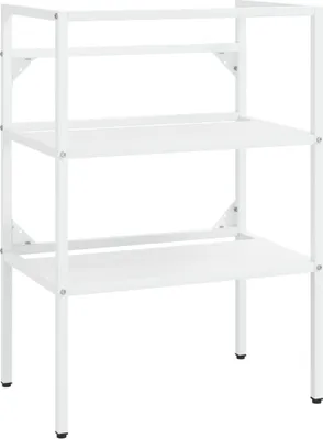 A white metal shelving unit with three shelves.