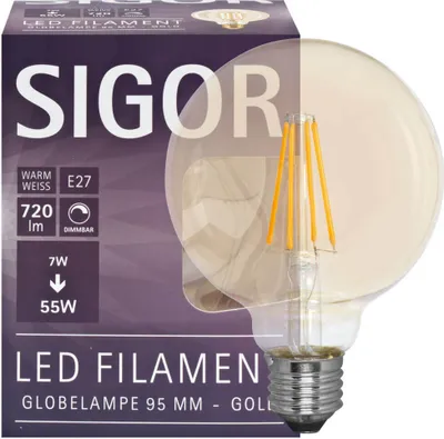 Zdjęcie produktu dla SIGOR 7W Globe 95mm żarnik złoty E27 720lm 2500K ściemnialna lampa LED G95