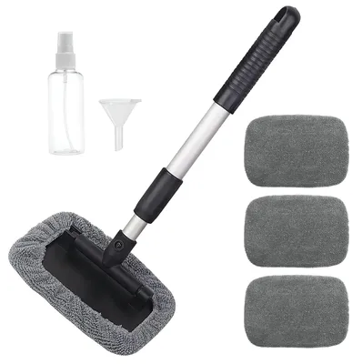 Produktbild von Autowaschbürste mit Teleskopstiel, Reinigungsset mit 4 Bürstenköpfen, Scheibenreiniger, Innenfensterreiniger, graue Mikrofaser-Reinigungsbürste, Autoreinigungsset
