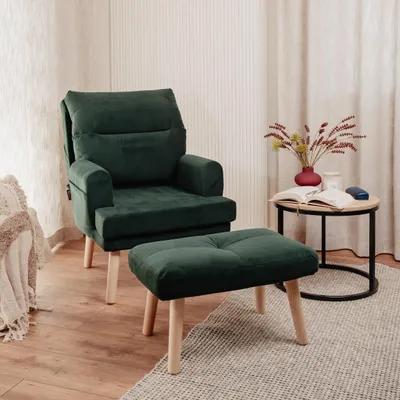 Produktbild von Idohome - Relaxsessel NEMO verstellbar mit Hocker und Holzfüßen, Farbe: Flaschengrün Trinity 28