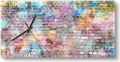 Produktbild von DEQORI Glasuhr 60x30 cm Römisch 'Ziegelmauer mit Graffiti' Wanduhr Glas Uhr Design leise