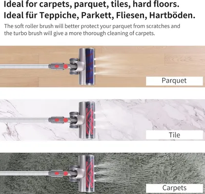 A vacuum cleaner head is shown cleaning different floor types: parquet, tile, and carpet.