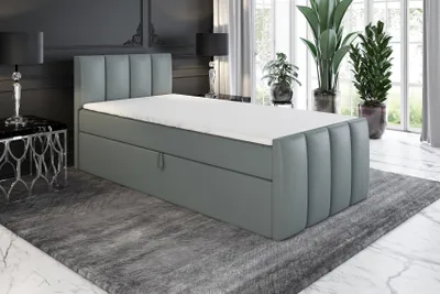 Produktbild von Boxspringbett, Jugendbett FUNI 100x200 (Rechts) mit Bettkästen, Bonell-Matratze und Topper. Farbe: Grau.