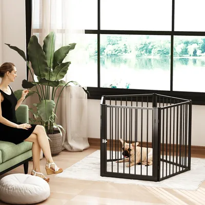 Produktbild von SUGIFT faltbares Freilaufgehege, Welpenauslauf mit Tür, Hundegitter Stahl, Schwarz | für kleine und mittelgroße Hunde | 5 Paneele | 180 x 60 x 76 cm