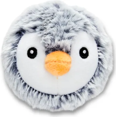 A close-up of a plush toy penguin's face.