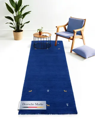 Produktbild von Wollteppich Gabbeh Uni Läufer Blau 80x450 cm | Moderner Teppich für Wohn- und Schlafzimmer