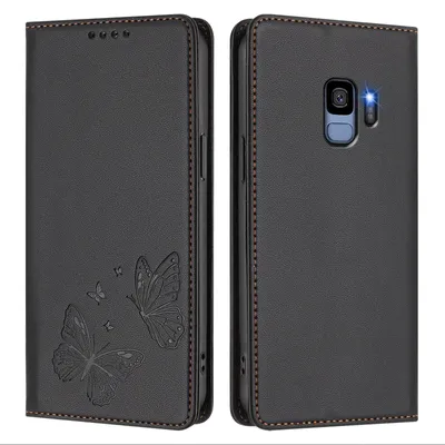 Image de Étui en cuir pour Samsung Galaxy S9, motif papillon, étui portefeuille à rabat avec support, noir