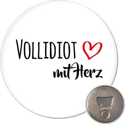 Produktbild von Huuraa Magnet Vollidiot mit Herz 59mm Kühlschrankmagnet rund Flaschenöffner Geschenkidee