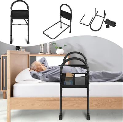 Image de Barrière de lit XINZI pliable, capacité de charge 150kg, avec appui pour se lever & sac de rangement, pieds stabilisateurs réglables, protection contre les chutes pour personnes âgées, femmes enceintes