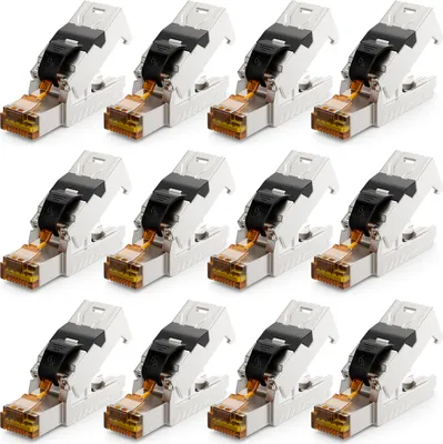 Produktbild von deleyCON 12x CAT 6a Netzwerkstecker RJ45 mit LSA Anschluss Werkzeuglos für Starre Verlegekabel LAN Kabel Netzwerkkabel RJ45 Stecker CAT6a Geschirmt Metallgehäuse 10Gbit/s