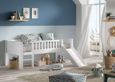 Produktbild von VIPACK - SCOTT Kojen-Spielbett 90 x 200 cm, inkl. Leiter, Rutsche und Rolllattenrost, Kiefer massiv weiß lackiert