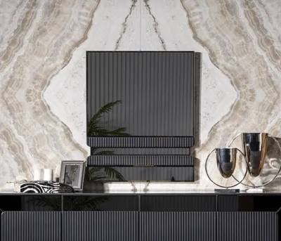 Produktbild von Grauer Holz- und Glasspiegel modern, eleganter Wandspiegel