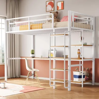 Obrázek produktu pro Dětská postel z kovu, rozměry 90x200 cm, bílá barva, s integrovaným stolem, úložným prostorem, policí a žebříkem