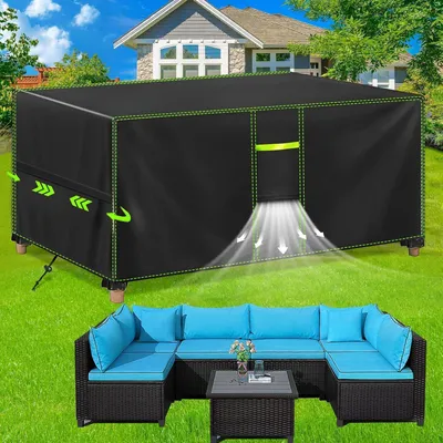 Image de Housse de protection pour meubles de jardin, imperméable, résistante aux intempéries, en Oxford 420D, rectangulaire, dimensions 270x180x89 cm, couleur noire
