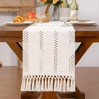 Produktbild von Boho Makramee Tischläufer 30x275cm - Baumwolle und Leinen mit Quasten