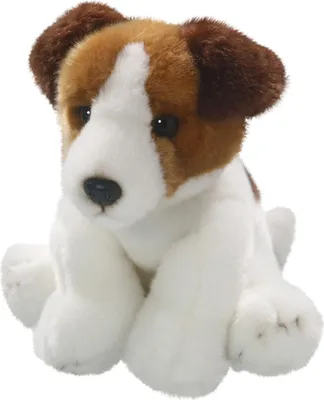 A plush toy dog sitting on a white background.
