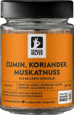 Produktbild von Cumin Koriander Muskatnuss Gewürzmischung, gemahlen, Gewürzmix für orientalische Gerichte, für Soßen und Dressings, leckere Marinade für Lamm, 55g im Glas