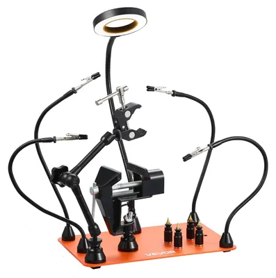 Obrázek produktu pro VEVOR Pomocník při pájení Třetí ruka, magnetická pájecí stanice, 4ramenné ruční nářadí, se svěrákem, trojitou LED lupou, 4 držáky desek plošných spojů a 360stupňovým držákem horkovzdušné pistole