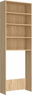 A tall, narrow bookshelf with five shelves, the bottom section having a large open space.