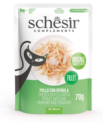 Produktbild von Schesir, Hähnchenfilets mit Spigola in Gelee, ergänzendes Nassfutter für Katzen,