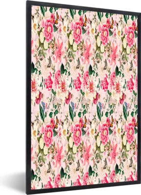 Produktbild von MuchoWow® MuchoWow® Gerahmtes Poster Blumen - Lilie - Rosa - Schmetterling 40x60 cm - Poster mit zchwarzem Bilderrahmen - Papierdruck - Wandbilder