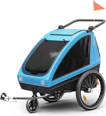 Produktbild von Capital Sports detský príves na bicykel - funkcia 3 v 1, pre 2 deti + kočík, polstrované ramenné a rozkrokové popruhy, nastaviteľná výška sedadla 68 cm, integrované brzdy