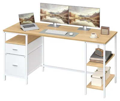 Zdjęcie produktu dla Biurko z 3 półkami i 2 szufladami | Kolor: dąb biały | Wymiary: 160x60x76 cm