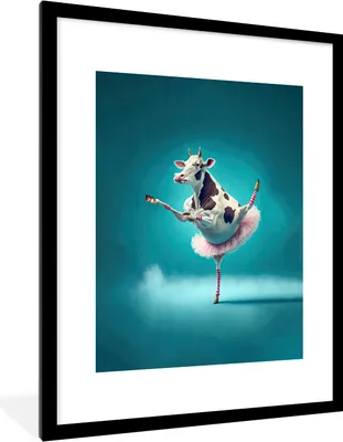 Produktbild von MuchoWow® Gerahmtes Poster Kuh - Ballett - Porträt - Blau - Tiere 60x80 cm - Poster mit Schwarzem Bilderrahmen Wandposter Rahmen Foto Bilder - Wohnzimmer - Dekorationen - Prämie