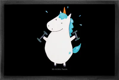 Produktbild von Mr. & Mrs. Panda Fußabstreifer Einhorn Fitness 50 x 75 cm - Schwarz - Geschenk, Unicorn, Fussmatte, Bodenvorleger, fußmatte, Schmutzfangmatte, Schmutzmatte, Fitnessstudio