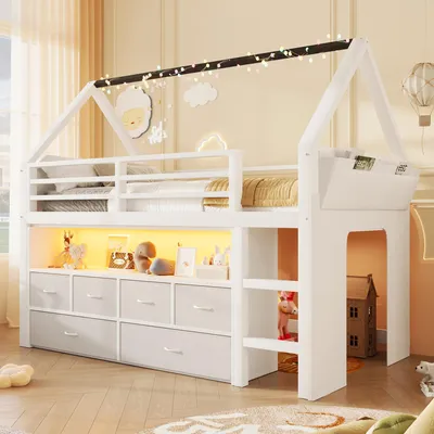 Produktbild von Hochbett 90x200 cm in Hausform mit LED-Lichterkette, 6 Stoffschubladen, hohem Rausfallschutz, Stoffvorhang und Aufbewahrungstasche, Weiß