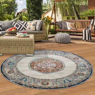Immagine prodotto di Tappeto orientale Tappeto da esterno Tappeto da salotto Vintage colorato Dimensioni: 160 cm rotondo
