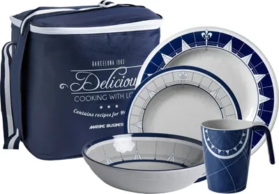 A set of dishes and a cooler bag with a nautical theme.