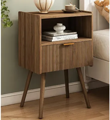Produktbild von Nachttisch,Beistelltisch mit Schublade und offener Ablage,Holzbeine Couchtisch Nachtkonsole im Boho-Sti  für Schlafzimmer, Wohnzimmer 42x30x65cm Braun