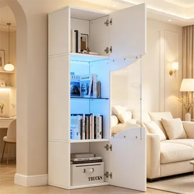 Produktbild von okwish Vitrinenschrank Hochglanzfront Glasvitrine mit LED Beleuchtung Stauraumschrank Highboard mit Glasbereich Für Wohnzimmer in Weiß