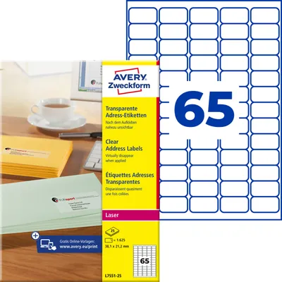 Produktbild von Avery Zweckform L7551-25, Adress-Etiketten, A4, 38,1 x 21,2 mm, 1.625 Etiketten / 25 Bögen, transparent