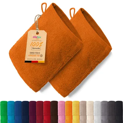 Produktbild von EllaTex PARIS 2er Set Waschhandschuhe 15x21 cm – 100% Baumwolle, 500 g/m² Frottier, in Farbe: Orange