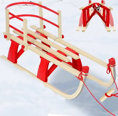 Produktbild von EUGAD Davoser Schlitten faltbar, Holzschlitten 110 cm, Kinderschlitten mit Rückenlehne, Rodel mit Zugseil, Rot