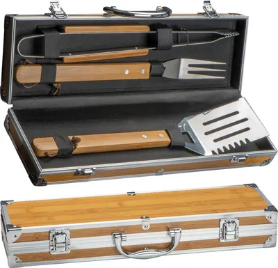 Produktbild von Grillkoffer aus Metall mit Bambusapplikationen / 3 teiliges BBQ Besteck