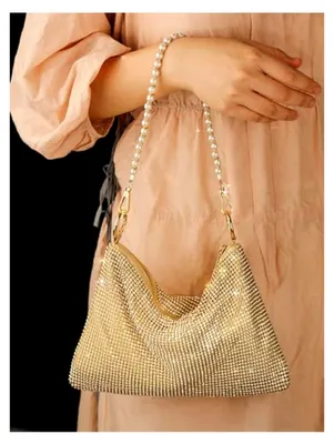Produktbild von Abendtasche Damen Gold Glitzer mit Perlenkette – Elegante Schultertasche Clutch für Hochzeit, Party, Abschlussball