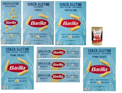 Produktbild von Barilla Senza Glutine Pasta Mix – 8×400 g (Ditalini, Fusilli, Tortiglioni, Penne, Spaghetti) aus Mais & Vollkornreis, al dente 9–11 Min.,  Italy + Italian Gourmet polpa