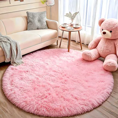 Productafbeelding van Hoogpolig vloerkleed 160 cm, roze, rond, antislip tapijt, voor woonkamer